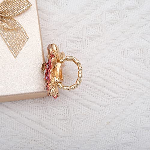 CSY Luxury Froral Cocktail Statement Rings Stretch Adjustable Ring | Gorgeous Women's Austrian Crystal Leaves Flower Big Cocktail Statement Rings Stretch Adjustable Ring Jewelry Accessories - color: hot pink crystal-gold tone