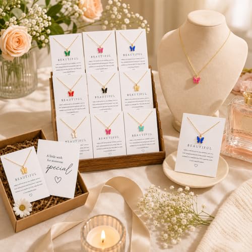 Rrdaily 9 Pcs Dainty Colorful Butterfly Pendant Necklace Set for Women,Bohemian Acrylic Butterfly Chain Necklace Cute Jewelry Gift - style: White card
