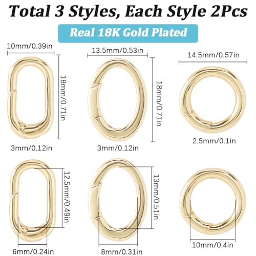 SUNNYCLUE 1 Box 6Pcs Real 18K Gold Plated Round Oval Clasp Spring Gate Rings Carabiner Key Ring Spring Clasps Ring Brass Spring O Rings for Jewelry Making Clasps Keyrings Buckle Bags Purses DIY Craft - color: 1 Box 3 Styles 6pcs Real 18k Gold Plated Rings