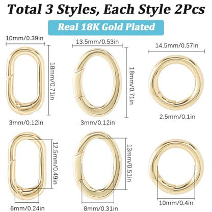 SUNNYCLUE 1 Box 6Pcs Real 18K Gold Plated Round Oval Clasp Spring Gate Rings Carabiner Key Ring Spring Clasps Ring Brass Spring O Rings for Jewelry Making Clasps Keyrings Buckle Bags Purses DIY Craft - color: 1 Box 3 Styles 6pcs Real 18k Gold Plated Rings