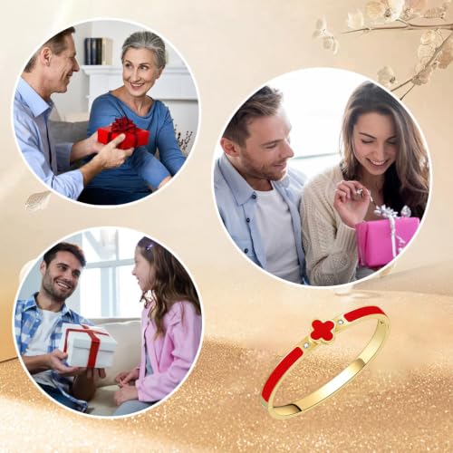 Clover Bracelets for Women Gold and Silver Chunky Oval Clover Bangle | 18k Gold Plated Stainless Steel,Precision Polished Non Tarnish,Black/White/Red/Pink/Orange Clover Bracelet Gifts for Women - color: Red