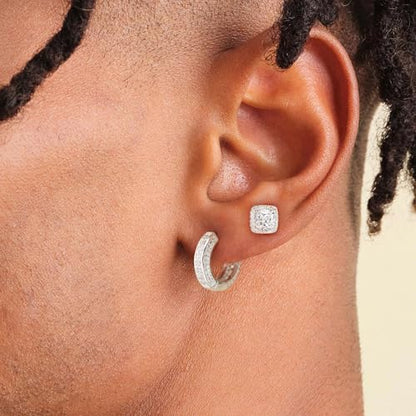 Earrings for Men 14K Gold Plated Hypoallergenic Mens Hoop Earrings | Cubic Zirconia Round/Square Stud with Huggie Hoop Earring Set,Mens Cartilage Studs for Sensitive Ear,Jewelry Gift for Him - color: Square Stud & Hoop - Silver