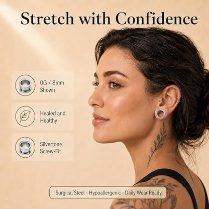BodyJ4You 36PC Ear Stretching Kit - Complete Beginner Set 14G-00G | Gauges for Ears Stainless Steel Tapers Single Flare Plugs Tunnels - Dead Stretching Lobe Men Women Expander - color: Silvertone, Screw Fit