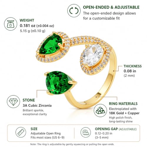 Aura & Irena 18K Gold Plated Pear-Shaped Cocktail Rings for Women, Non-Tarnish Adjustable Statement Ring with 3A Cubic Zirconia, Gift for Family Friend - color: Green