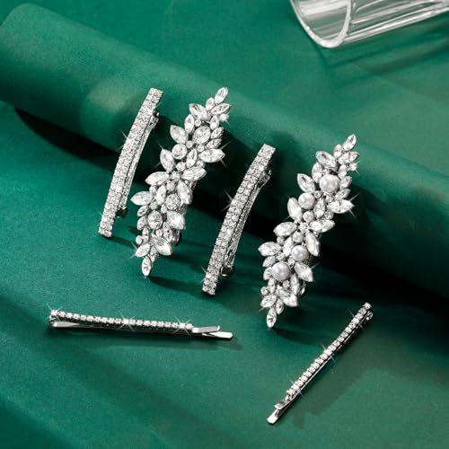 6 PCS Rhinestone Hair Clips for Women Pearl Wedding Hair Clips | CWJCYTNSN Rhinestones Hair Barrette White Pearl Hair Clips Strong Holders Lightweight No-Slip