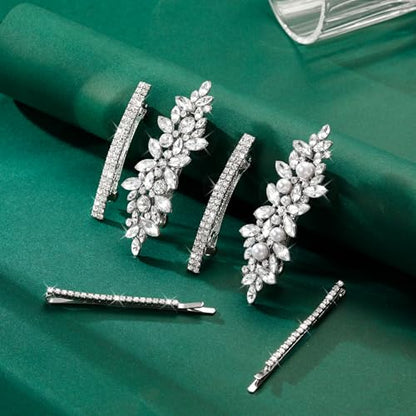 6 PCS Rhinestone Hair Clips for Women Pearl Wedding Hair Clips | CWJCYTNSN Rhinestones Hair Barrette White Pearl Hair Clips Strong Holders Lightweight No-Slip