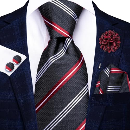 Hi-Tie Men's Silk Ties Formal Woven Classic Necktie Pocket Square Cufflinks Lapel Pin Set Wedding Business - color: A Black and Red