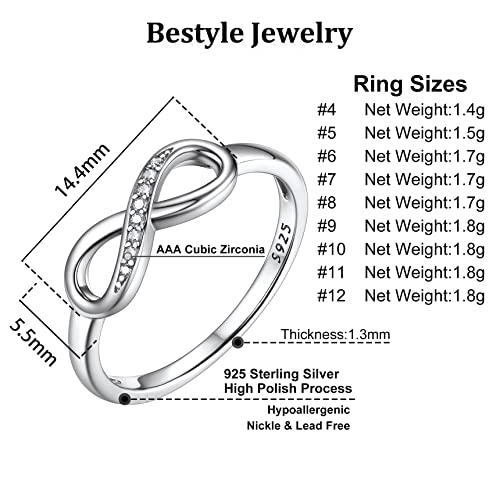 Bestyle Simple S925 Sterling Silver Infinity Rings Cubic Zirconia Rings, Nice Cute BFF Friendship Rings, Dainty Eternity Promise Wedding Bands Perfect Every Day Ring, Size 4-12, Words Engavable - color: 4. Silver Infinity Ring (custom)