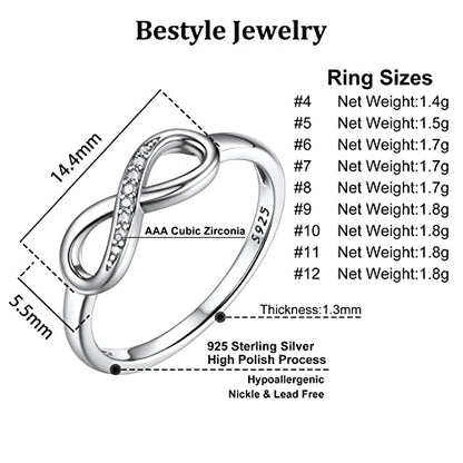 Bestyle Simple S925 Sterling Silver Infinity Rings Cubic Zirconia Rings, Nice Cute BFF Friendship Rings, Dainty Eternity Promise Wedding Bands Perfect Every Day Ring, Size 4-12, Words Engavable - color: 4. Silver Infinity Ring (custom)