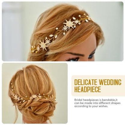 Unicra Star Rhinestone Bride Wedding Hair Vine Gold Bridal Hair Piece Crystal Hair Accessories for Women (21 Inches) - color: Gold