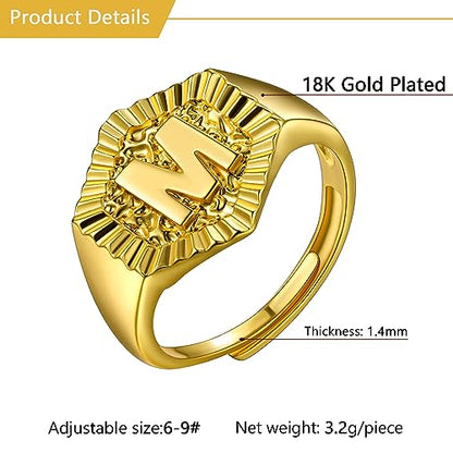 U7 Initial Ring Wedding Band for Men Women 18K Gold Plated Statement Hexagon A-Z Letter Jewelry Personalized Stackable Signet Rings - color: M
