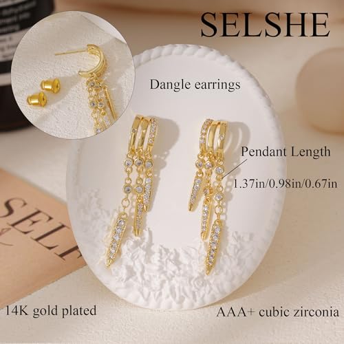 Dangle Earrings for Women,14k Gold Plated Triple Huggie Stud Earrings Cute Statement Chain Earring Dainty Drop Earrings for Women Trendy Gold Plated Jewelry - color: dangle3-Gold