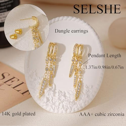 Dangle Earrings for Women,14k Gold Plated Triple Huggie Stud Earrings Cute Statement Chain Earring Dainty Drop Earrings for Women Trendy Gold Plated Jewelry - color: dangle3-Gold
