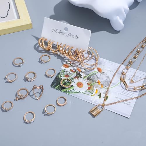 NEWITIN 49 Pieces Gold Jewelry Set for Women Fashion Costume Jewelry Gold Plated Necklace Bracelet Ring Earrings Set for Women - color: Gold Jewelry Set B
