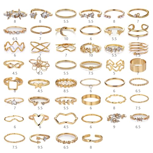 42-Piece Gold Tone Stackable Ring Set for Women, Boho Minimalist Stacking Rings with Crystal & Heart Accents, Adjustable Open Band Jewelry for Daily Wear - style: TZJ-003352-01