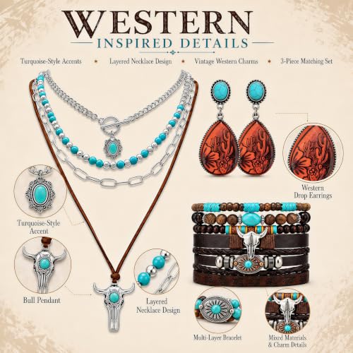 3Pcs Western Turquoise Jewelry Set Necklace Earrings Bracelet | Western Boho Style | Turquoise Beaded | Ox-Head Pendant | Layered Necklace | Faux Leather Cuff | Personalized Gift - color: Color-1