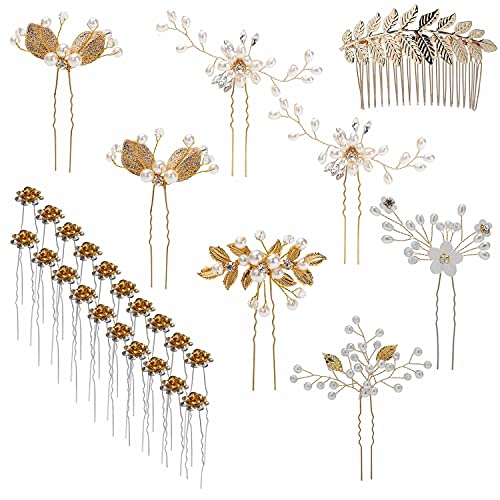 inSowni 28 Pack Wedding Bridal Gold Metal Leaf Hair Side Combs+U Shaped Pearl Rhinestone Fancy Hair Pins Clips Flower Golden Prom Formal Hair Pieces Updo Accessories for Women Girls Brides Bridesmaids