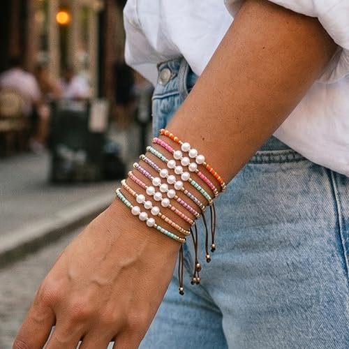 Colorful Stackable Rice Small Mini Seed Beaded Bracelets Set For Women, Handmade Dainty Boho Gold Glass Stretch Accessories Jewelry,Summer Beach Party Daily Friendship Gift - color: 8Pcs Pearl Adjustable