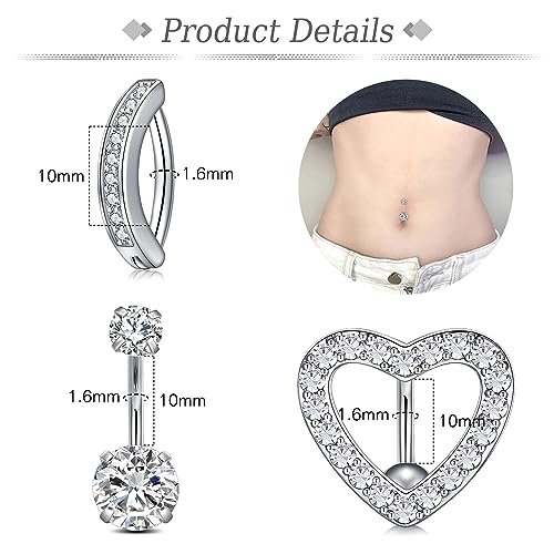 Belly Button Rings Stainless Steel 14G CZ Opal Navel Rings Barbells Women Girls Belly Piercing Jewelry - color: Silver Color-Clicker-StyleD: 5PCS
