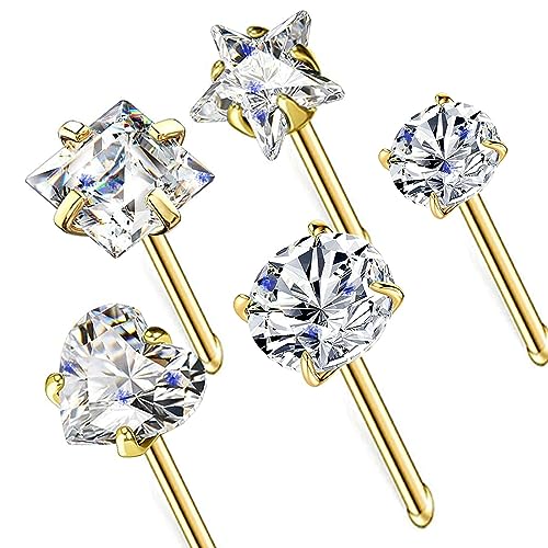 14k Gold Plated 316L Surgical Steel 22g/20g/18g Nose Rings Studs L-Shape Bone Screw Nostril Piercing 1.5mm 2mm 2.5mm 3mm 3.5mm 4.5mm CZ Nose Studs for Women - color: 18g 5pcs Bone Gold 316L Surgical Steel