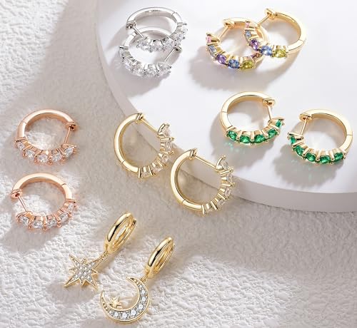 Evabelle Gold Hoop Earrings for Women 14K Real Gold Plated Cubic Zirconia Diamond Hoop Earrings Huggie Hoop Earring Women Earrings Earring for Men 925 Sterling Silver Post Hypoallergenic - color: Hoops 04-Colorful-14K Gold Plated