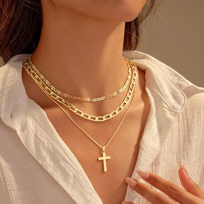 M MOOHAM Layered Gold Necklaces Stack for Women No Tarnish | 14K Gold Plated, Stackable Pendant Necklace Set, Snake Rope Cuban Paperclip Chain, CZ Coin Pendant, Dainty Jewelry Gifts - color: 3 Layered Mirror Cuban Cross Pendant-Gold