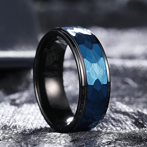 King Will Men's Tungsten Carbide Wedding Ring Hammered Groove Wedding Band Mens Two Tone Engagement Ring for Men and Women Matte Brushed Finish Comfort Fit - color: 8mm Blue & Black