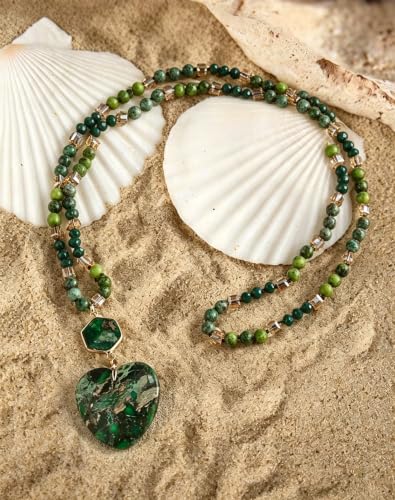 Yomisa Long Necklaces for Women Trendy, 33/34/35 inch | Boho Beaded Necklaces for Women, Natural Stone Pendant, Handmade Knotted Bead, Bohemian Holiday Summer Western Charm Jewelry - color: Love-Green