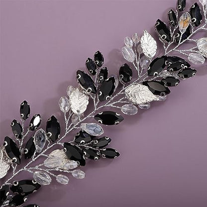 Kercisbeauty Silver Leaves Black Crystal Beads Headpiece for Women Wedding Bridal Hair Jewelry Boho Handmade Headband Prom (Silver) - color: Silver