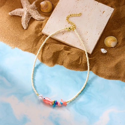 Seed Bead Choker Necklace for Women Bohemian Tiny Beads Choker Colorful Rice Bead Starfish Choker Summer Surfer Beach Necklace Jewelry Gift - color: F - Pearl Fish