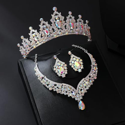 Tiaras and Crowns for Women,Tiaras Earrings Necklace, Crystal Bridal Jewelry Set - color: Silver AB