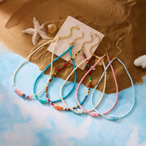 Seed Bead Choker Necklace for Women Bohemian Tiny Beads Choker Colorful Rice Bead Starfish Choker Summer Surfer Beach Necklace Jewelry Gift - color: F - Pearl Fish