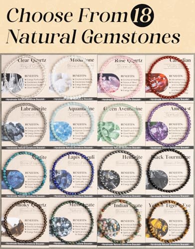 Natural Stone Beaded Bracelets for Men Women, 4mm 6mm 8mm | Healing Crystal, Protection Gemstone, Gift Packaging with Energy Card, Stretch Jewelry, Replacement Beads Included, 18 Stone - color: Green Aventurine(Wealth & Success), size: 4mm
