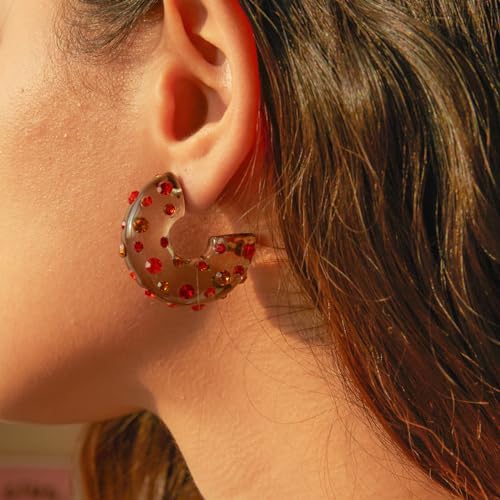 Chunky Acrylic Hoop Earrings for Women Thick Rhinestone Resin Open Hoops Colorful Geometric Earrings Lightweight Hypoallergenic for Sensitive Ears - color: CZ-Red