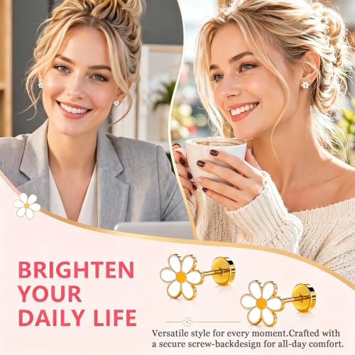 Hypoallergenic Daisy Studs Earrings for Women,18K Gold Plated Surgical Stainless Steel Flat Back Flower Earrings for Sensitive Ears,20G Post Screw Back Cartilage Helix Piercing Jewelry - color: Gold