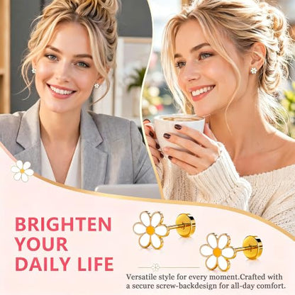 Hypoallergenic Daisy Studs Earrings for Women,18K Gold Plated Surgical Stainless Steel Flat Back Flower Earrings for Sensitive Ears,20G Post Screw Back Cartilage Helix Piercing Jewelry - color: Gold