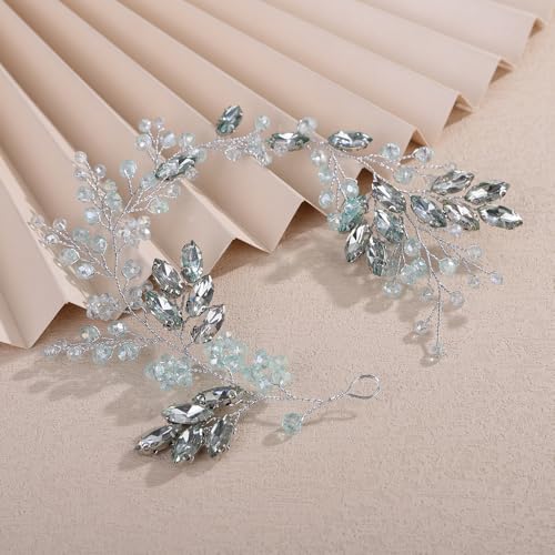Teyglen Mint Green Rhinestone Wedding Headband Bride Crystal Wedding Hair Vine Bridal Headpiece for Women Party Prom Wedding Hair Accessories Crystal Wedding Hair Piece(Mint Green) - color: Mint Green