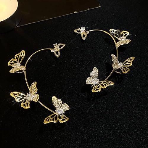 2Pcs Butterfly Ear Cuffs Rhinestone Clip On Earrings | Rhinestone butterfly ear cuffs with non piercing clip on design; silver ear wrap climber jewelry for parties and weddings - style: Style C Gold