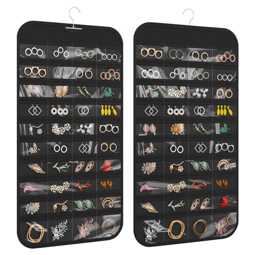 Hanging Jewelry Organizer 80-Pocket Double-Sided Storage, 1-Pack, Black | Foldable clear PVC 80-pocket storage; swivel hook fits walls, doors & rods to organize earrings, necklaces, bracelets & rings - color: Black