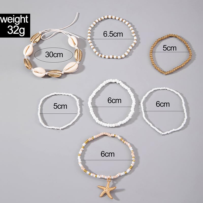 Bohemian Stackable Shell Beaded Ankle Bracelets for Women Colorful Boho Multi-Layer Seashell Gold Starfish Adjustable Handmade Braid Bracelet Summer Beach Holiday Accessories Gifts - color: White