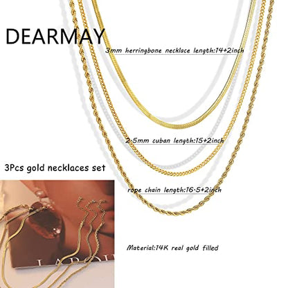 DEARMAY 14K Gold Plated Herringbone Necklaces for Women, Dainty Gold Snake Choker Chain Non Tarnish Trendy Simple Thin & Chunky Options Neckalce 1.5/3/5/6/8mm Chain Jewelry for Gifts - color: 3Pcs Gold Necklace Set (Herringbone+Cuban+Rope)