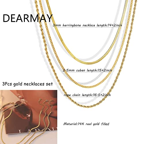 DEARMAY 14K Gold Plated Herringbone Necklaces for Women, Dainty Gold Snake Choker Chain Non Tarnish Trendy Simple Thin & Chunky Options Neckalce 1.5/3/5/6/8mm Chain Jewelry for Gifts - color: 3Pcs Gold Necklace Set (Herringbone+Cuban+Rope)