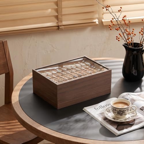 Wood Jewelry Organizer Tray, Rings Holder (Brown, 2Pc, Glass Lid) | Glass Top Rings Display, Dust-Proof Rings Organizer, Rings Tray Display, Elegant Jewelry Storage - size: Rings+Lid