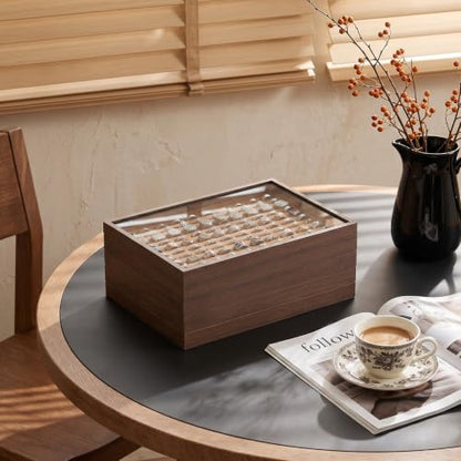 Wood Jewelry Organizer Tray, Rings Holder (Brown, 2Pc, Glass Lid) | Glass Top Rings Display, Dust-Proof Rings Organizer, Rings Tray Display, Elegant Jewelry Storage - size: Rings+Lid