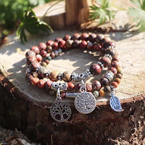 YGLINE Tree of Life Yoga Healing Stone Bracelets,Multilayer Lotus Chakra Stone Reiki Bracelet Sets,Anxiety Crystal Natural Stone,for Women Stress Relief - color: Leopard Skin Jasper-3w