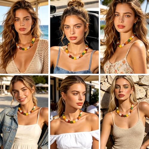 YUJIE Chunky Heart Pendant Necklace for Women- Exaggerated Statement Puff Heart Necklace with Acrylic Beaded Chain - color: A-Yellow Multicolour