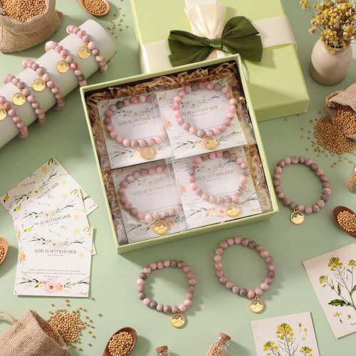 12 Set Religious Gift for Her God Is Within Her She Will Not Fall Mustard Seed Natural Stone Beads Bracelet with Cards Bible Verse Bracelet Gift for Women Sister