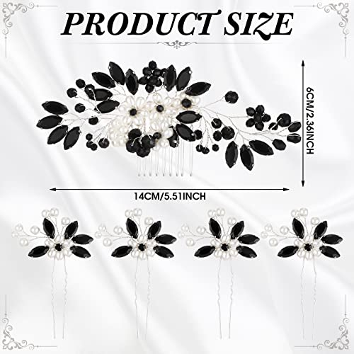 5 Pieces Wedding Hair Comb Bridal Pins Crystal Pearl Wedding Hair Accessories Rhinestone Flower Piece for Bride Bridesmaids Women(Black) - color: Black