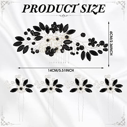 5 Pieces Wedding Hair Comb Bridal Pins Crystal Pearl Wedding Hair Accessories Rhinestone Flower Piece for Bride Bridesmaids Women(Black) - color: Black