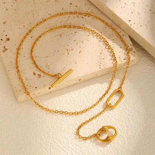 Gold Y-Shaped Necklace for Women, Double O-Ring Geometric Pendant on 52.5cm Chain, Minimalist Long Necklace